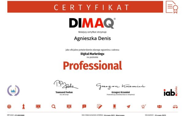 DIMAQ Professional Agnieszka Denis Certyfikat 2021